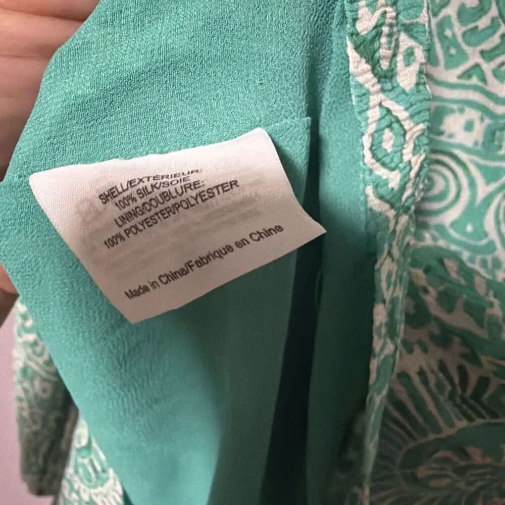Tory Burch Green White Geometric Print Blouse Silk blend Top Gold Button Size 6